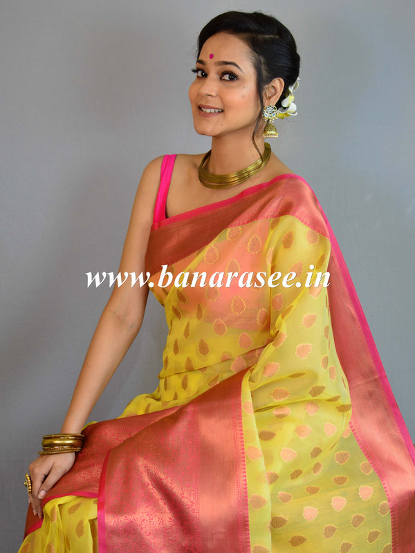 Banarasee Organza Mix Saree With Copper Zari Buti & Border-Yellow