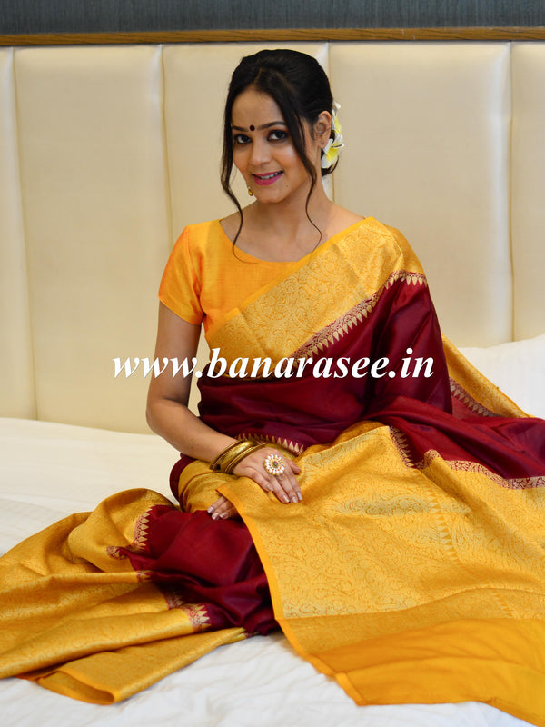 Banarasee Handwoven Semi Silk Saree Broad Zari Border-Maroon & Yellow