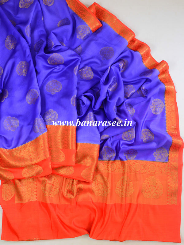 Banarasee Handloom Pure Dupion Silk Saree With Antique Zari Work-Blue & Orange