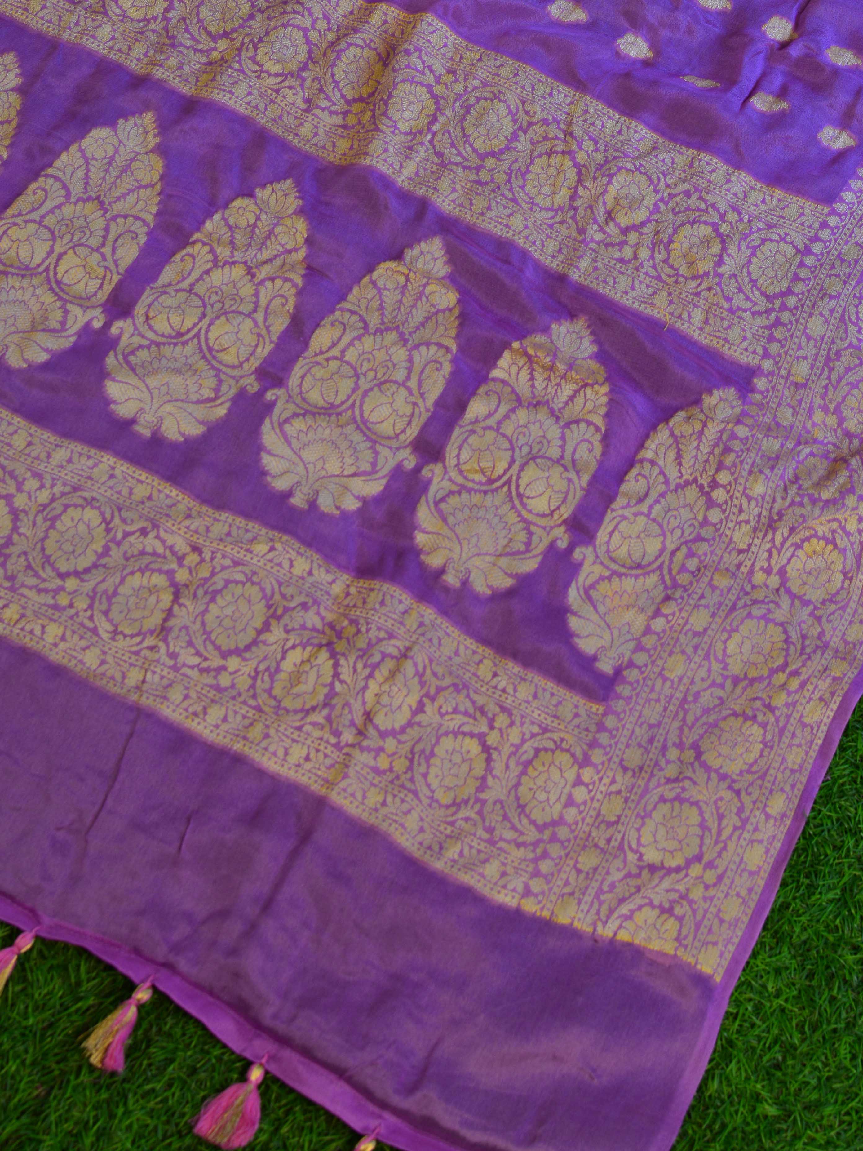 Banarasee Chiffon Floral Zari Buti & Border Saree-Mauve