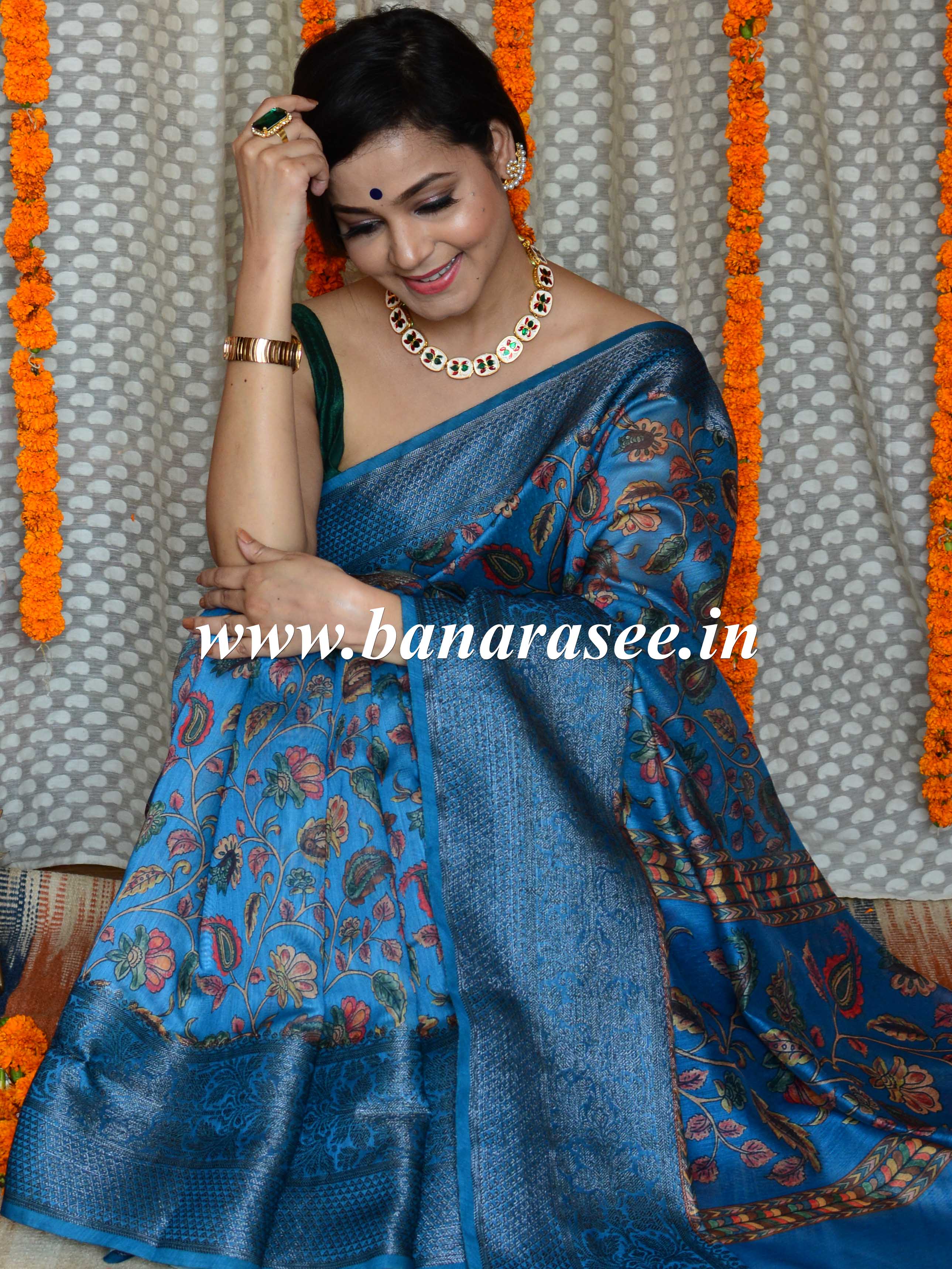 Banarasee Handloom Chanderi Digital Print Saree With Antique Zari Design-Blue