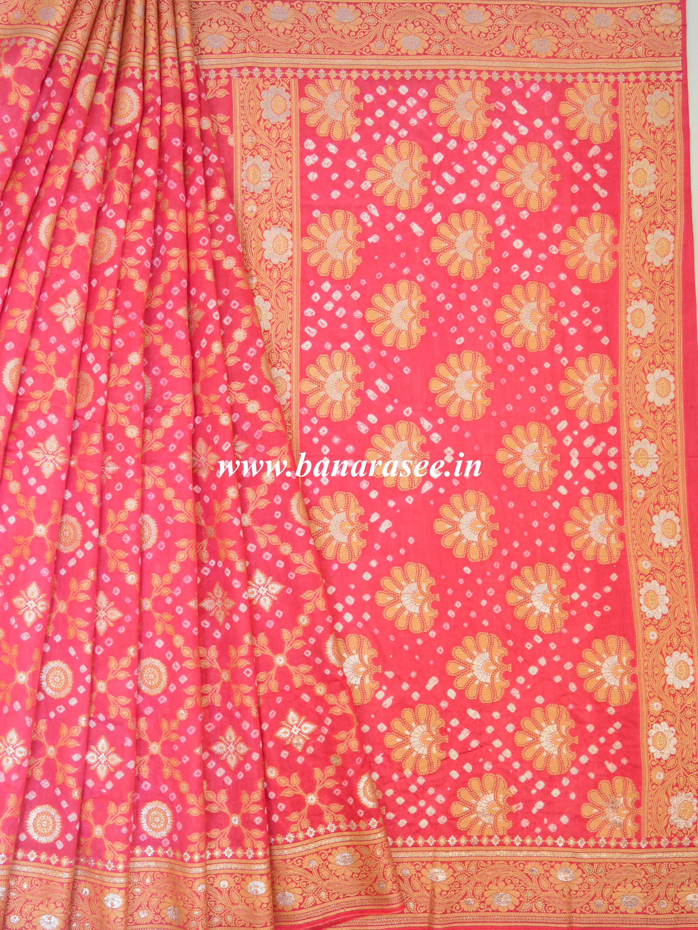 Banarasee Handloom Cotton Silk Bandhini Dyed Sona Rupa Zari Saree-Pink