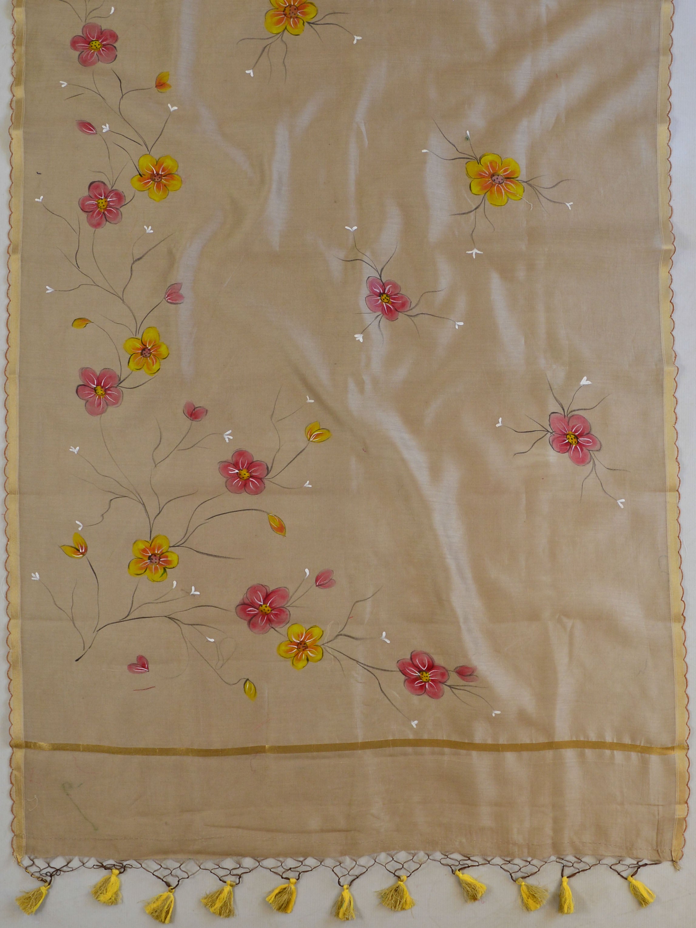Banarasee Pure Handloom Chanderi Hand Painted Dupatta-Fawn