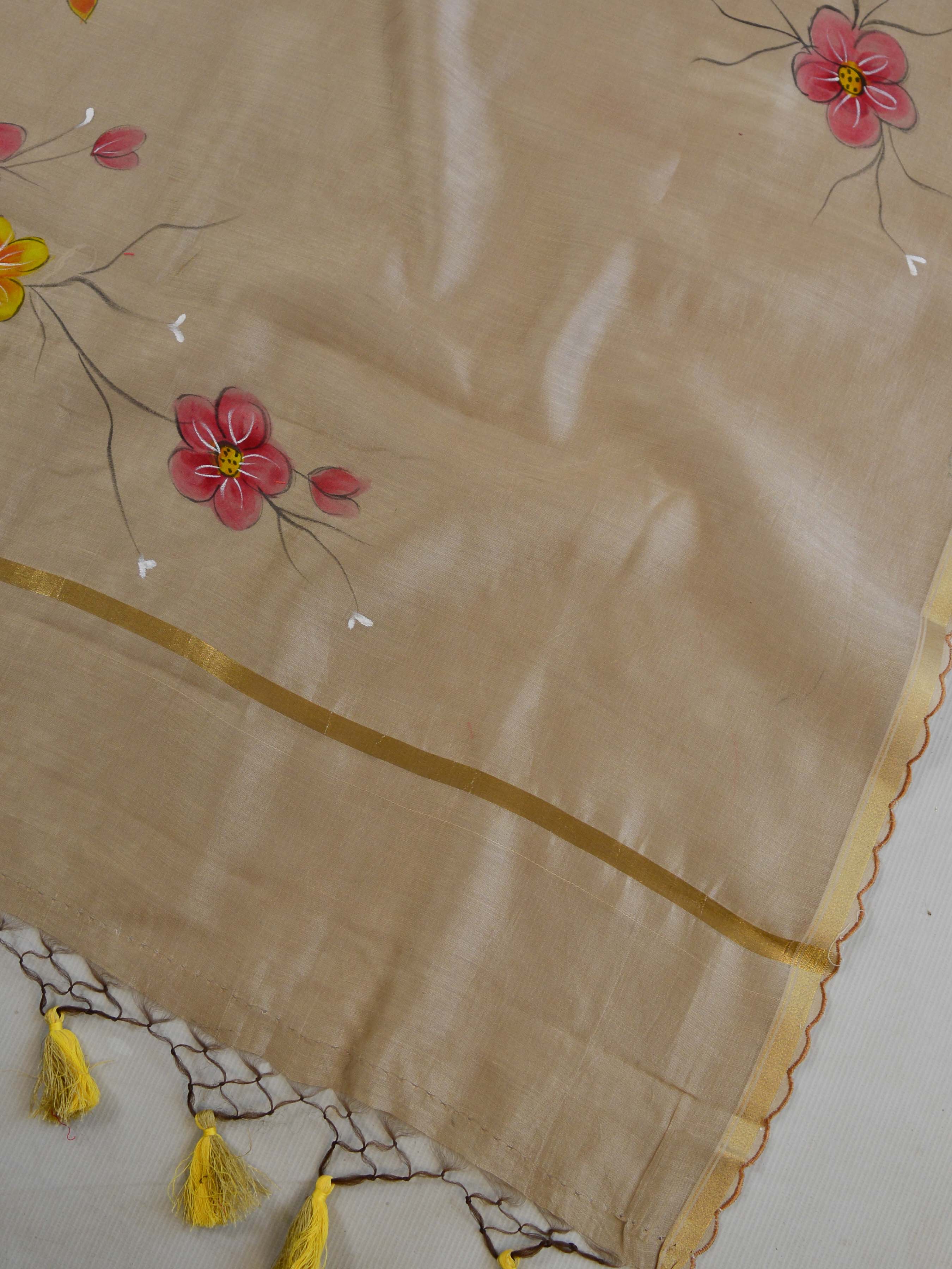 Banarasee Pure Handloom Chanderi Hand Painted Dupatta-Fawn