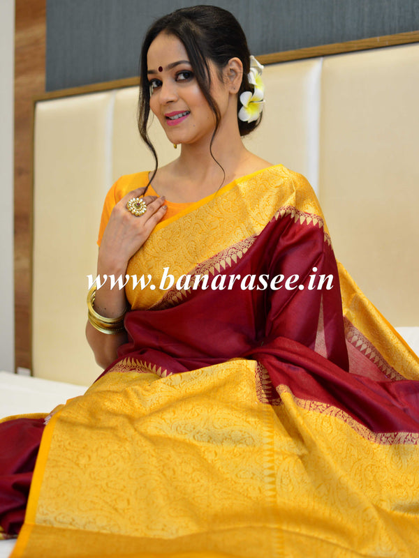 Banarasee Handwoven Semi Silk Saree Broad Zari Border-Maroon & Yellow