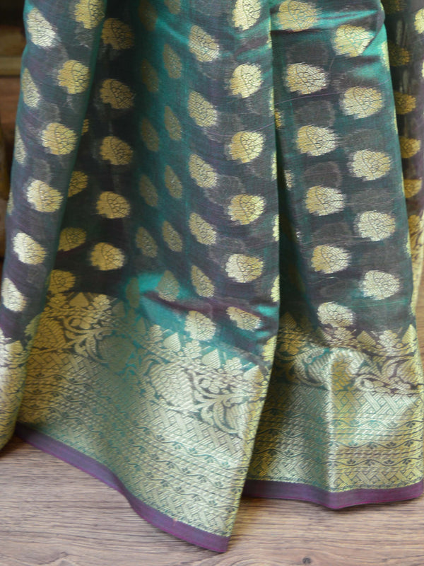 Banarasee Cotton Silk Saree With Zari Buti & Border-Green