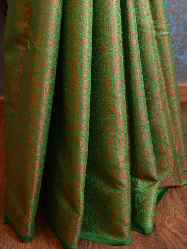 Kanjivaram Handwoven Semi Silk Saree With Jaal & Zari Border Design-Light Green