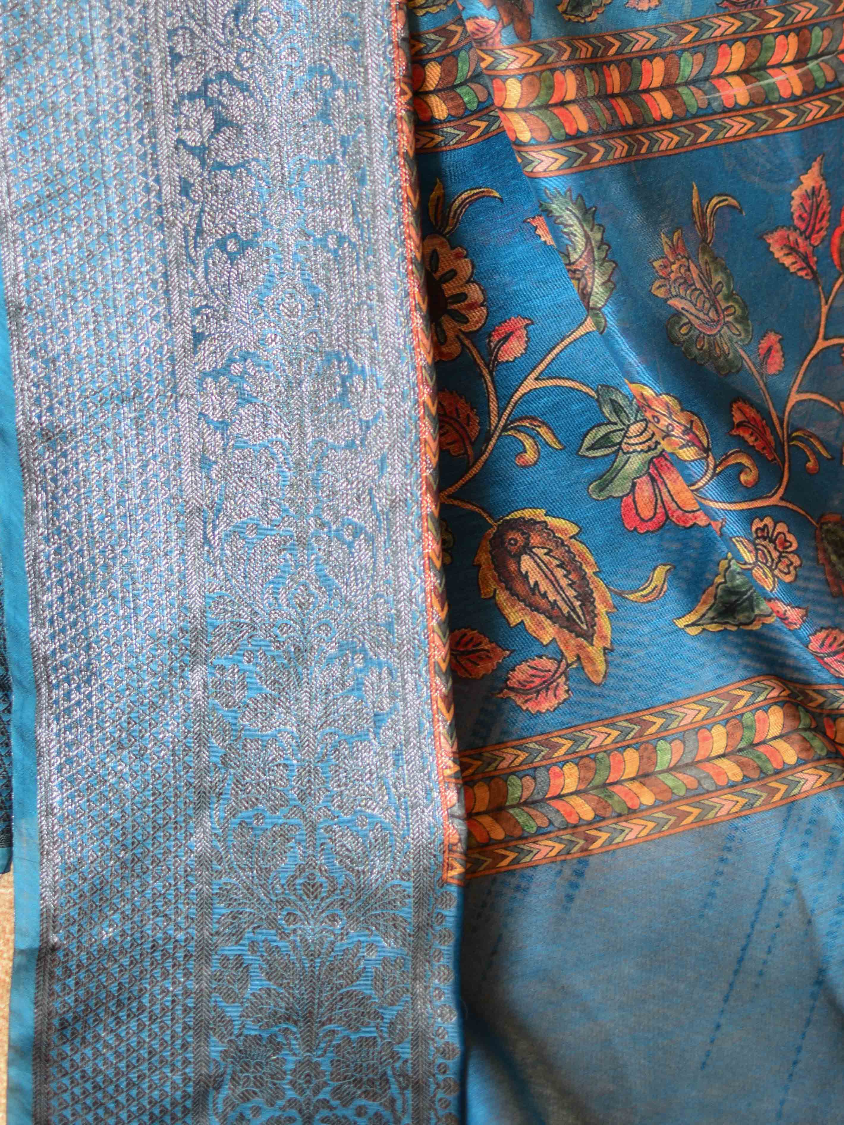 Banarasee Handloom Chanderi Digital Print Saree With Antique Zari Design-Blue