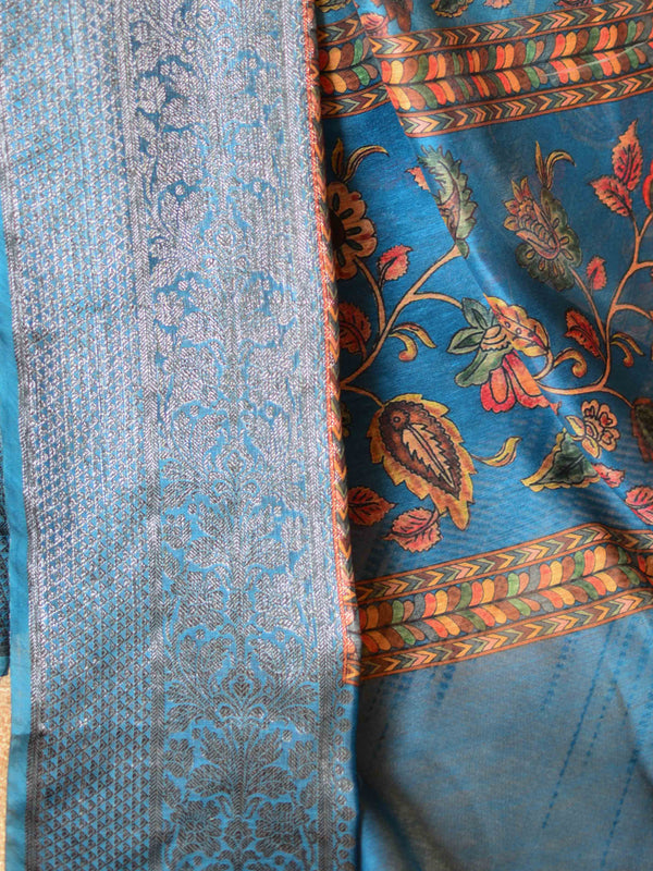 Banarasee Handloom Chanderi Digital Print Saree With Antique Zari Design-Blue