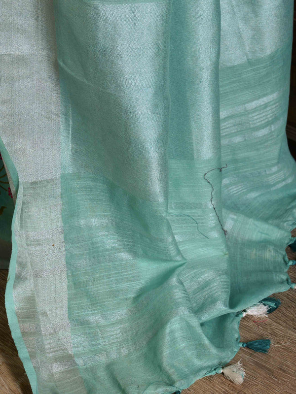 Bhagalpuri Handloom Linen Cotton Floral Embroidered Saree-Sea Green