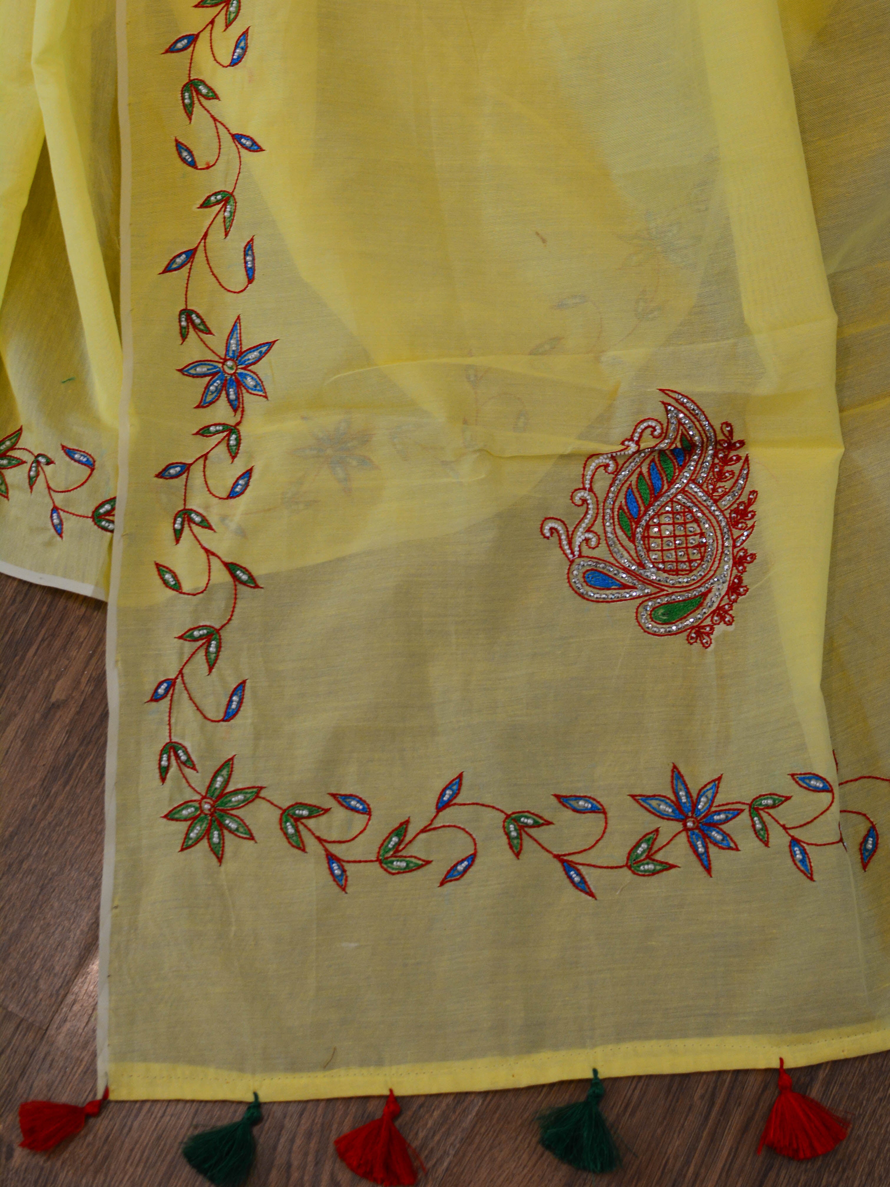 Banarasee Chanderi Cotton Hand-Embroidered Saree-Yellow