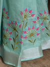 Bhagalpuri Handloom Linen Cotton Floral Embroidered Saree-Sea Green