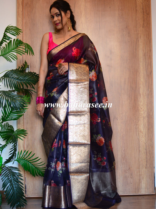 Banarasee Pure Organza Silk Saree With Zari Border & Digital Print Design-Blue