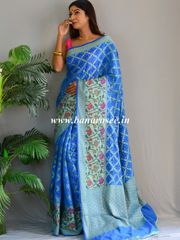 Banarasee Handwoven Semi-Chiffon Saree With Bandhej & Floral Border-Sky Blue