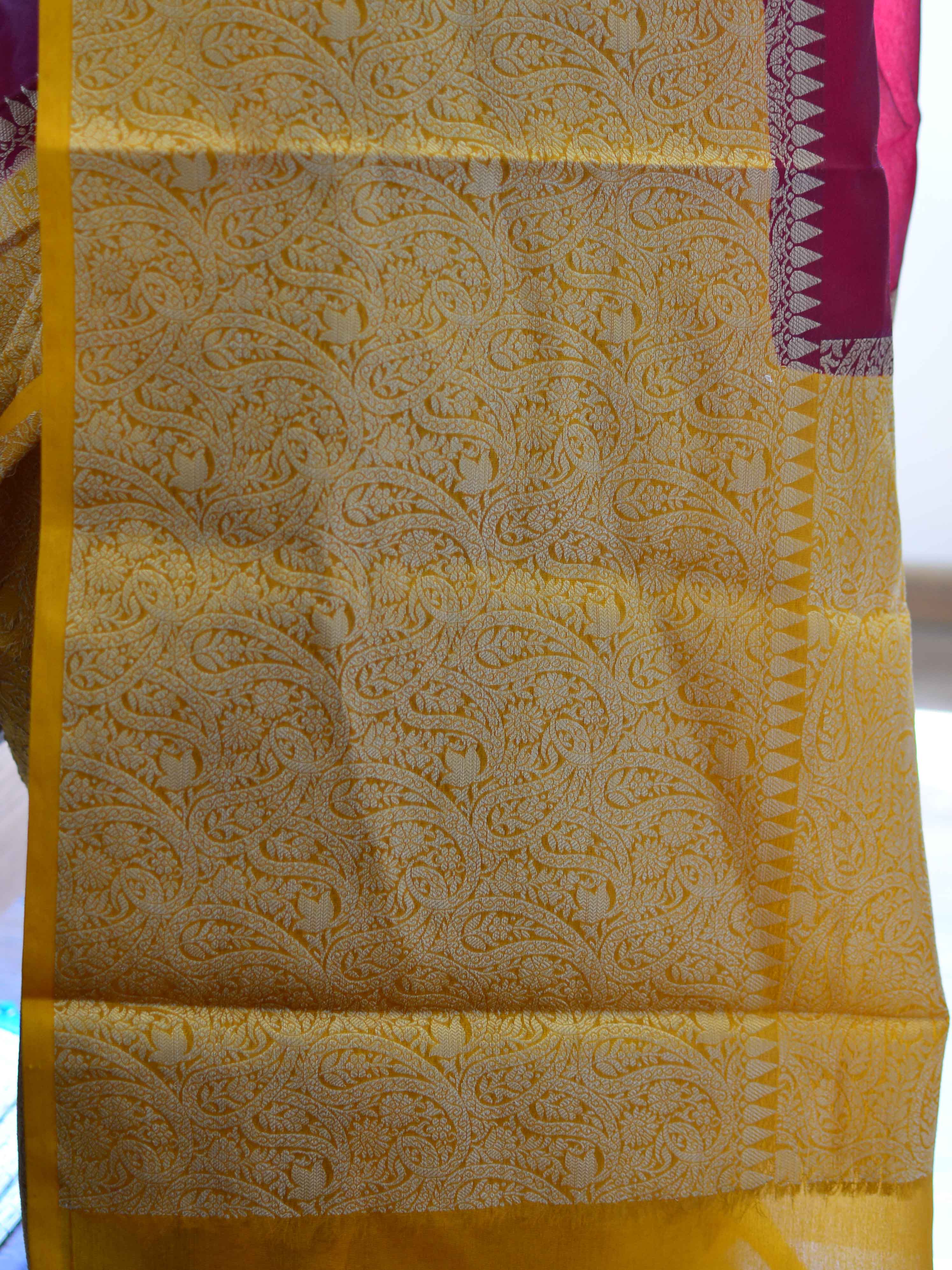 Banarasee Handwoven Semi Silk Saree Broad Zari Border-Maroon & Yellow