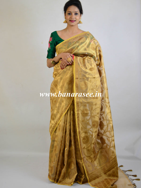Banarasee Handwoven Tissue Jaal Work Saree-Amber Gold