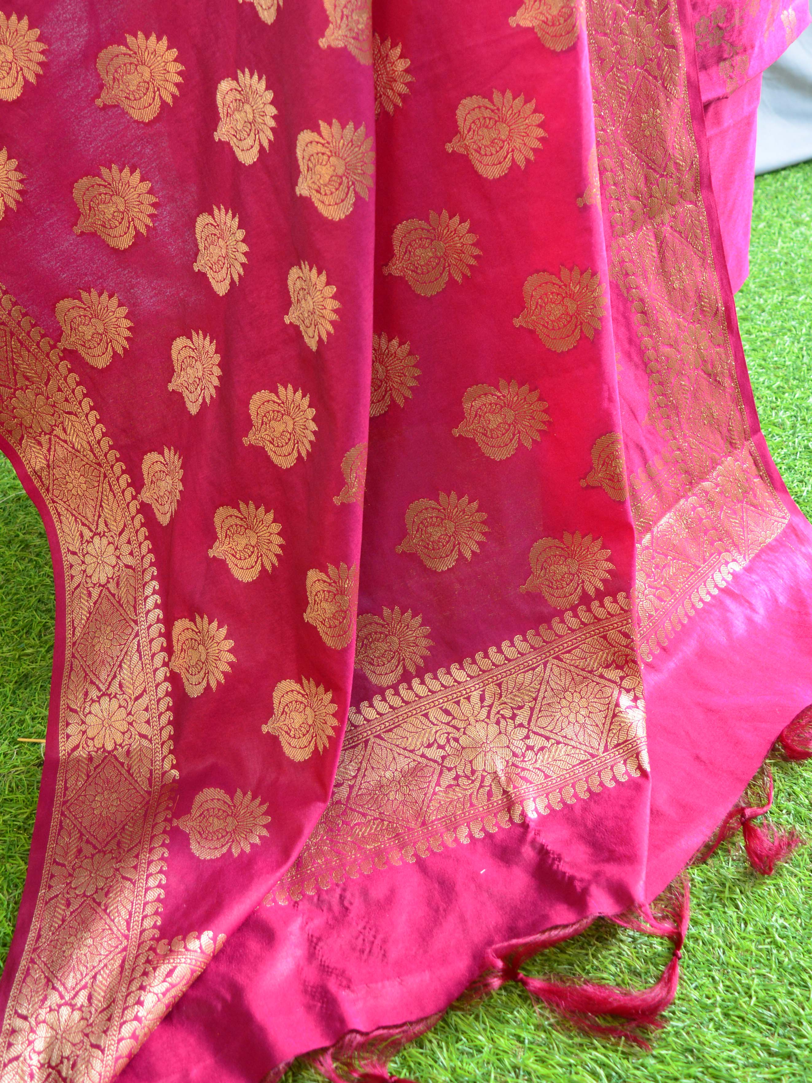 Banarasee Handwoven Semi-Silk Salwar Kameez Fabric With Zari Buta Design-Magenta