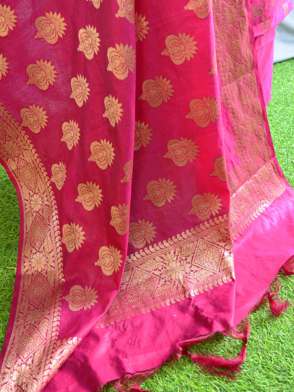 Banarasee Handwoven Semi-Silk Salwar Kameez Fabric With Zari Buta Design-Magenta