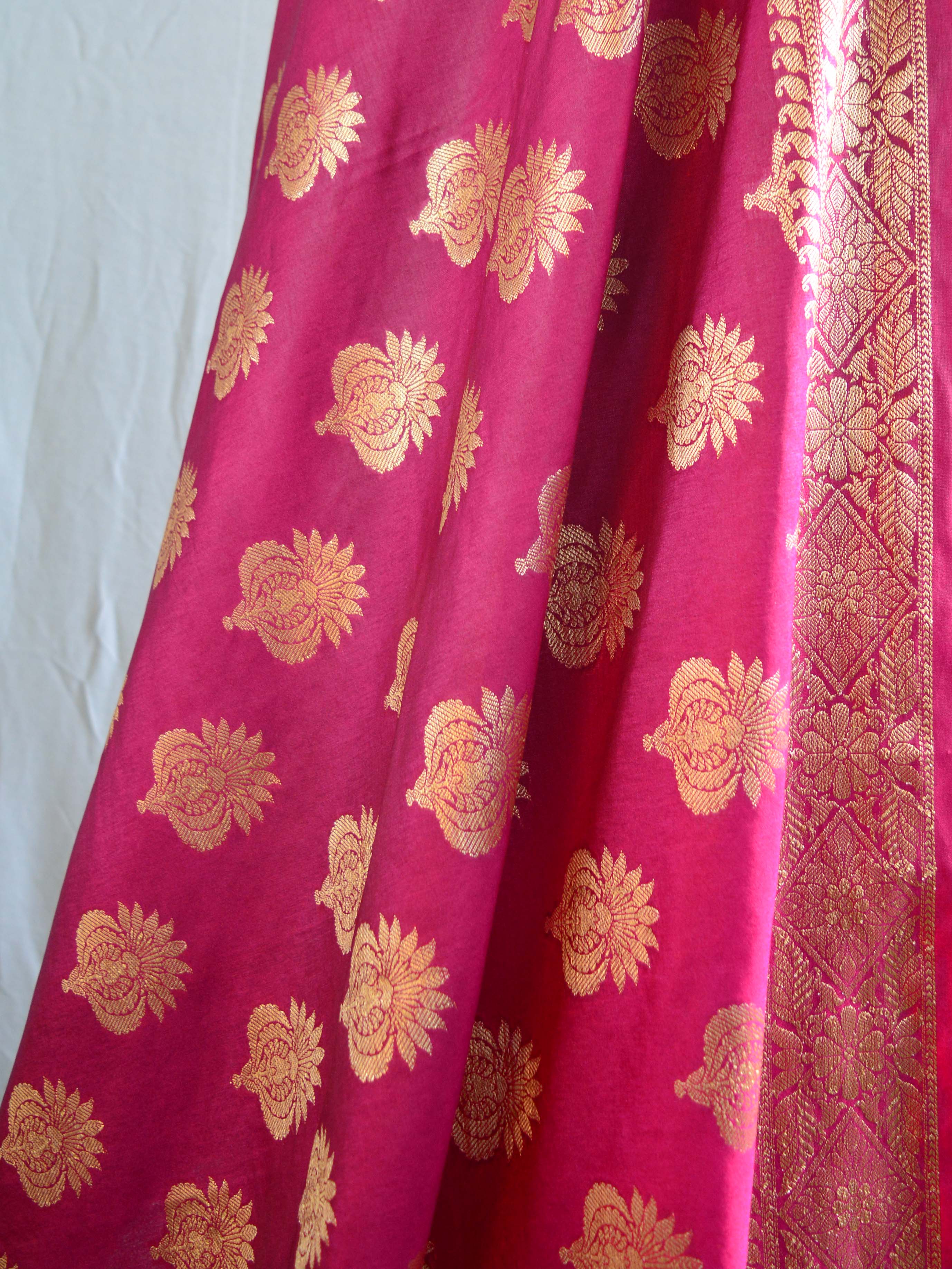 Banarasee Handwoven Semi-Silk Salwar Kameez Fabric With Zari Buta Design-Magenta