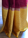 Banarasee Handwoven Semi Silk Saree Broad Zari Border-Maroon & Yellow