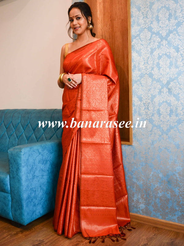 Kanjivaram Handwoven Semi Silk Saree With Jaal & Zari Border Design-Orange