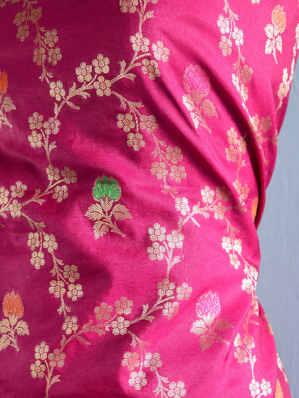 Banarasee Handwoven Semi-Silk Salwar Kameez Fabric With Zari Buta Design-Magenta
