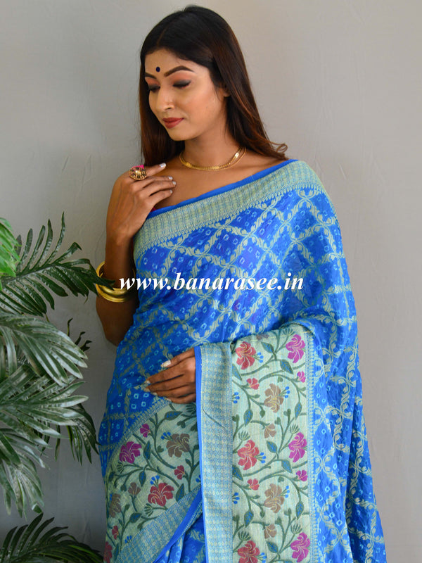 Banarasee Handwoven Semi-Chiffon Saree With Bandhej & Floral Border-Sky Blue