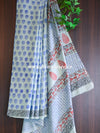 Handloom Mul Cotton Hand Print Saree-Light Blue