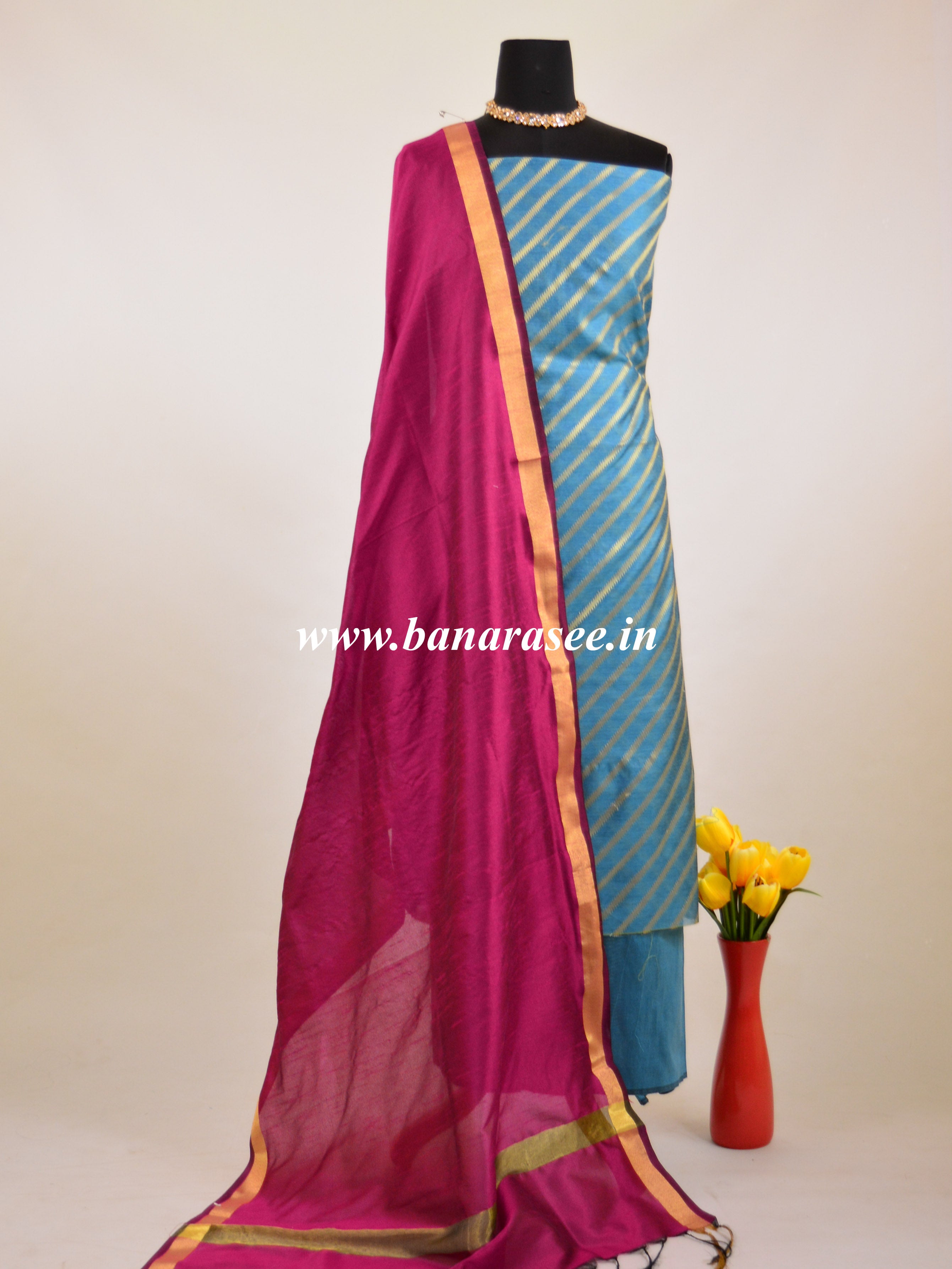 Banarasee Cotton Silk Salwar Kameez Fabric With Contrast Dupatta-Blue