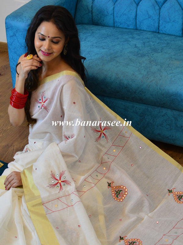 Banarasee Chanderi Cotton Hand-Embroidered Saree-White