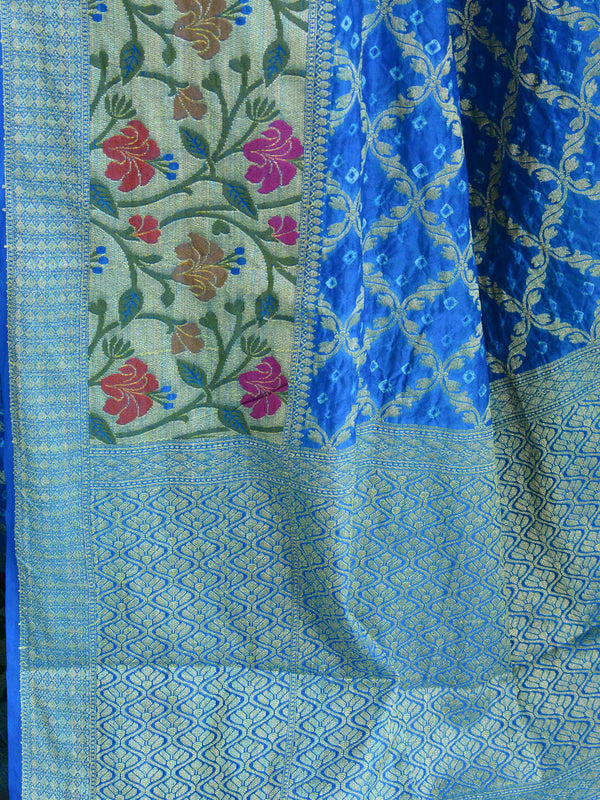 Banarasee Handwoven Semi-Chiffon Saree With Bandhej & Floral Border-Sky Blue