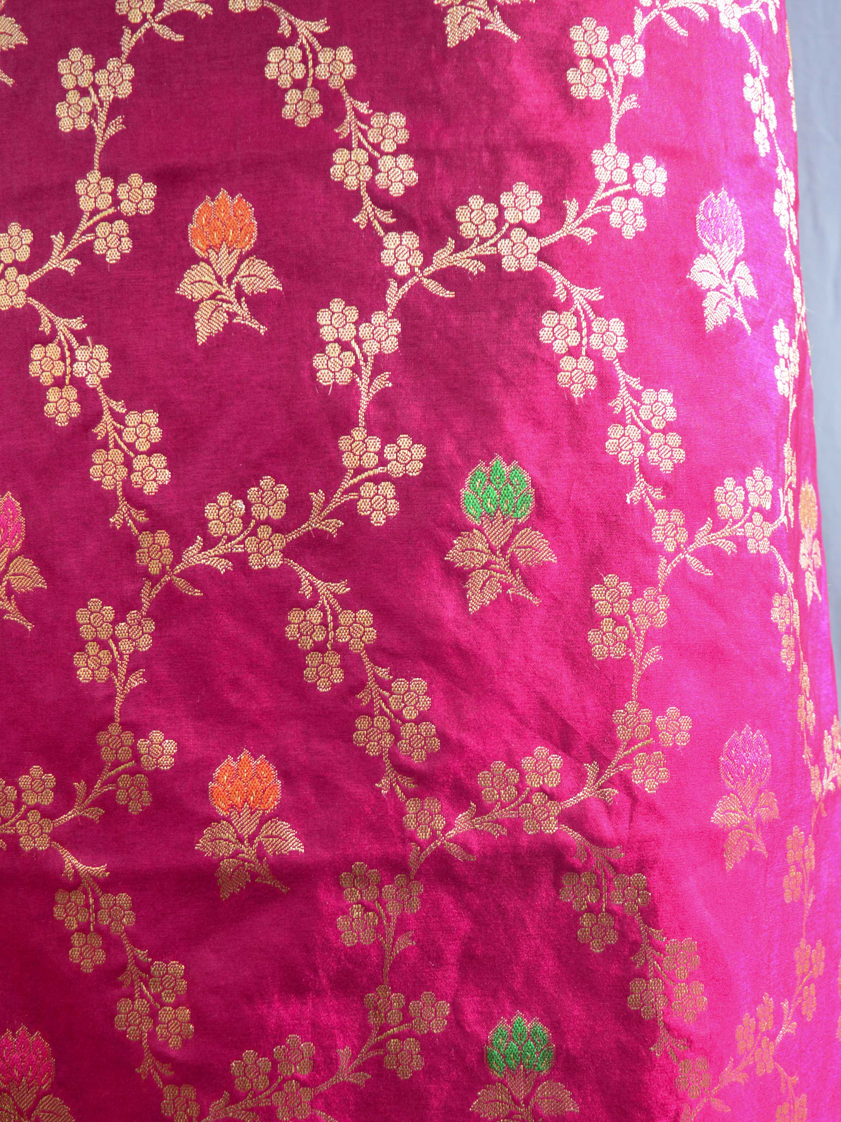Banarasee Handwoven Semi-Silk Salwar Kameez Fabric With Zari Buta Design-Magenta