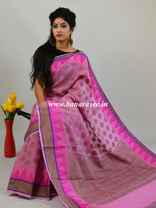 Banarasee Handloom Cotton Saree with Resham Work-Pink
