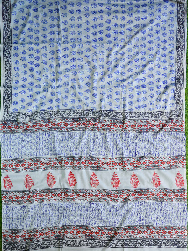 Handloom Mul Cotton Hand Print Saree-Light Blue