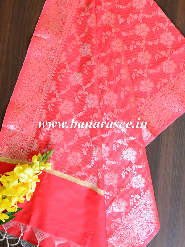 Banarasee Art Silk Dupatta Silver Zari Jaal Design-Red