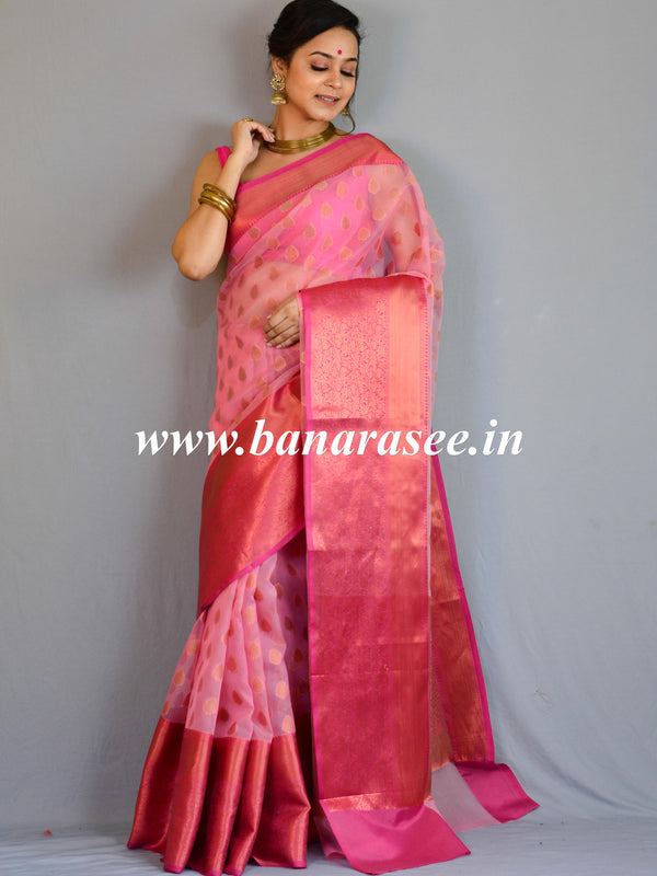 Banarasee Organza Mix Saree With Copper Zari Buti & Border-Pink