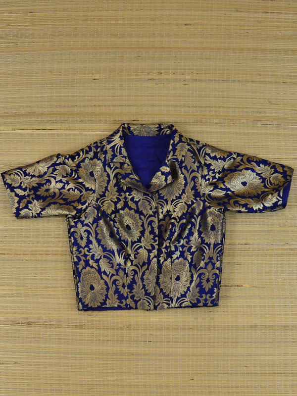 Banarasee Pure Silk Brocade Fabric Blouse-Deep Blue