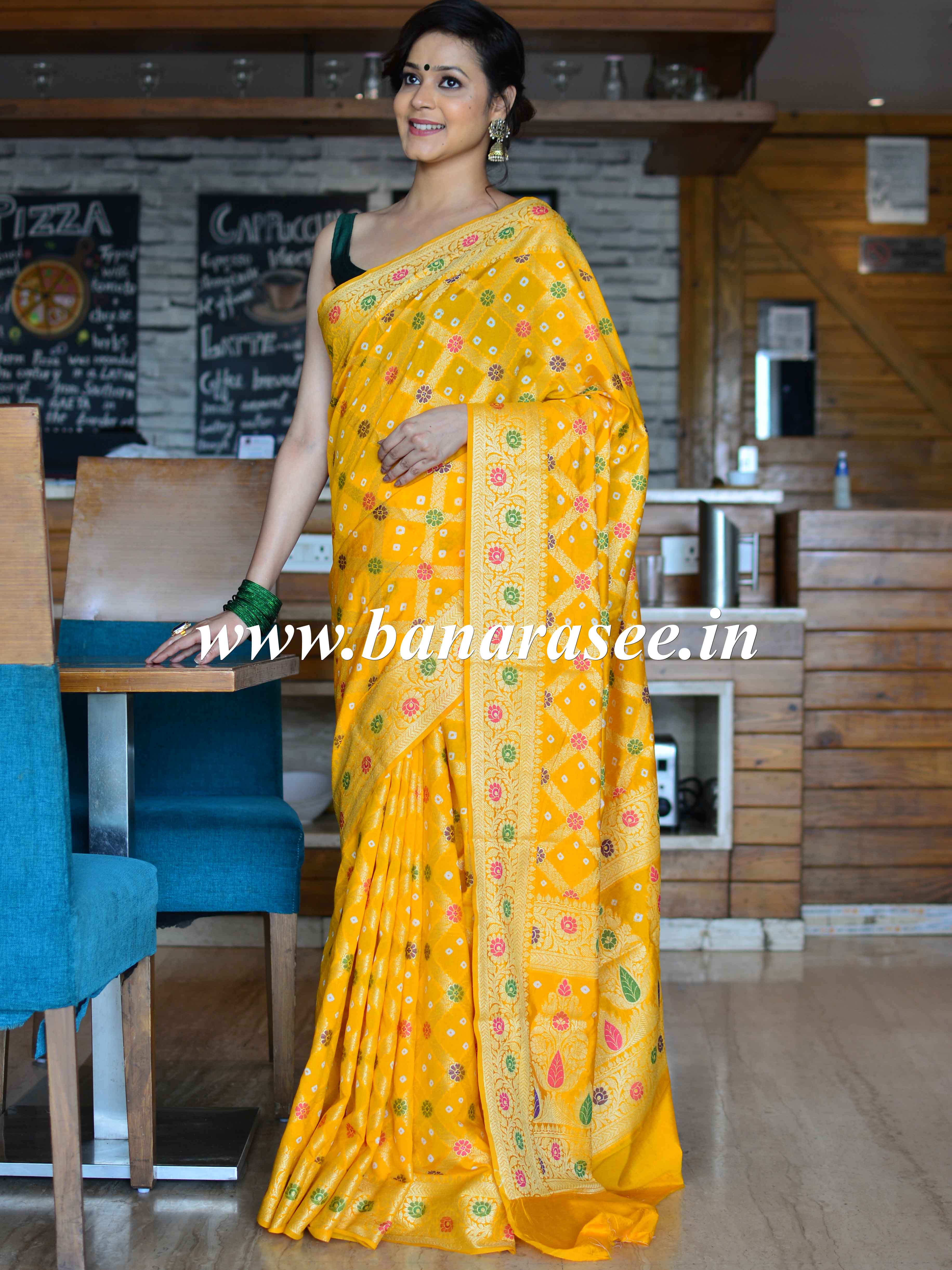 Banarasee Handwoven Semi-Chiffon Saree With Bandhej & Floral Border-Yellow