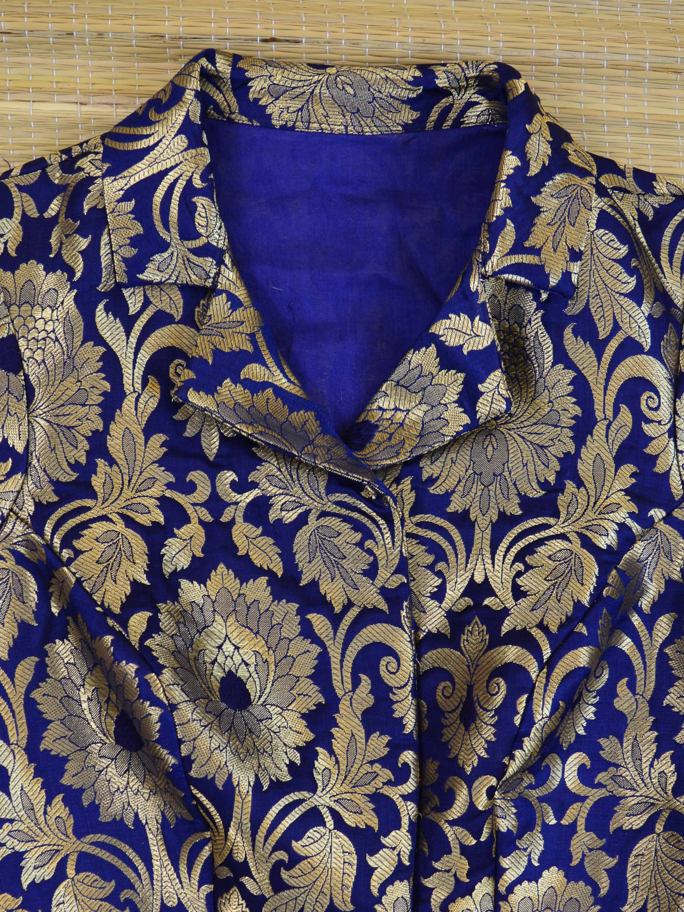 Banarasee Pure Silk Brocade Fabric Blouse-Deep Blue