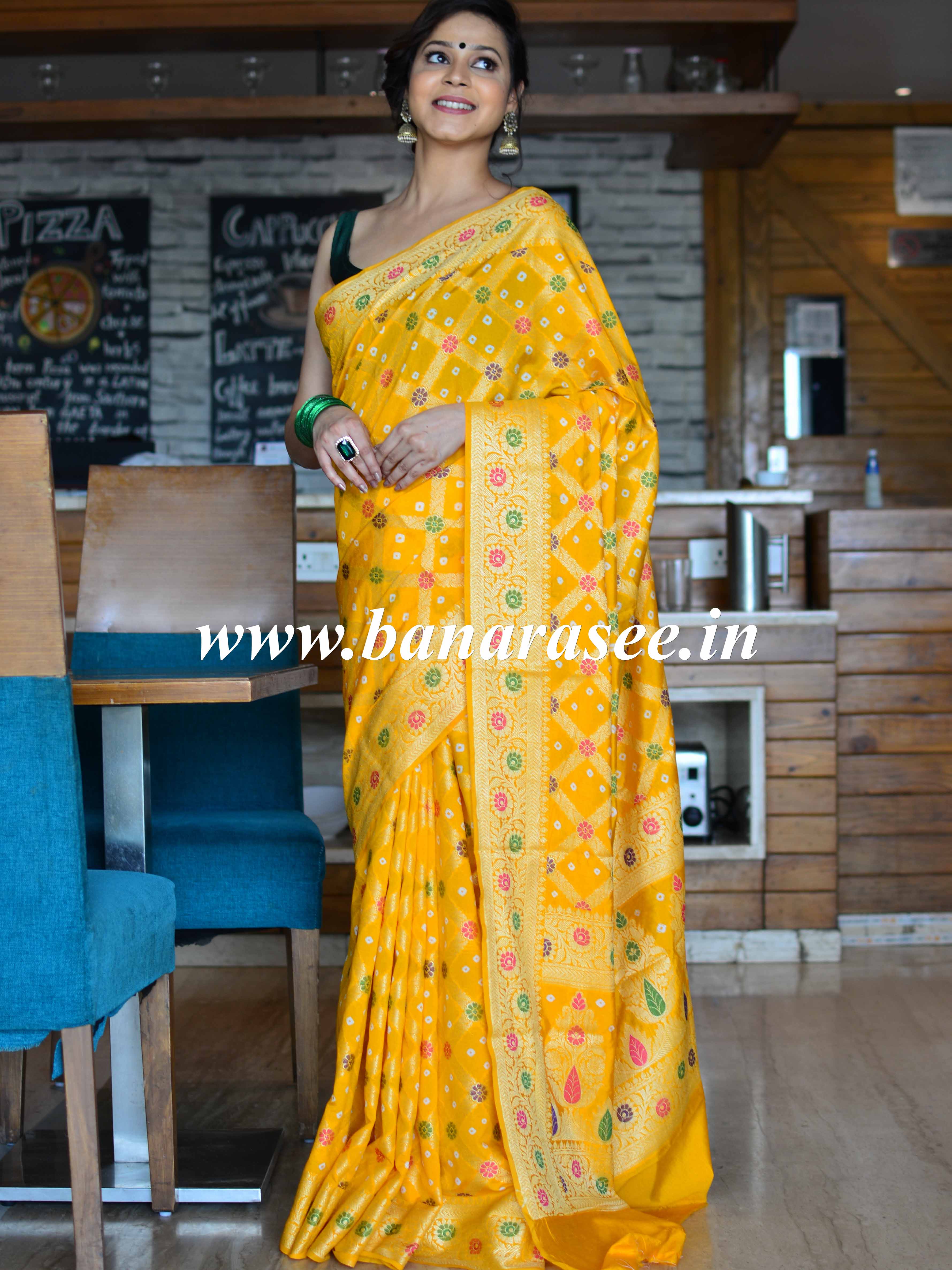 Banarasee Handwoven Semi-Chiffon Saree With Bandhej & Floral Border-Yellow