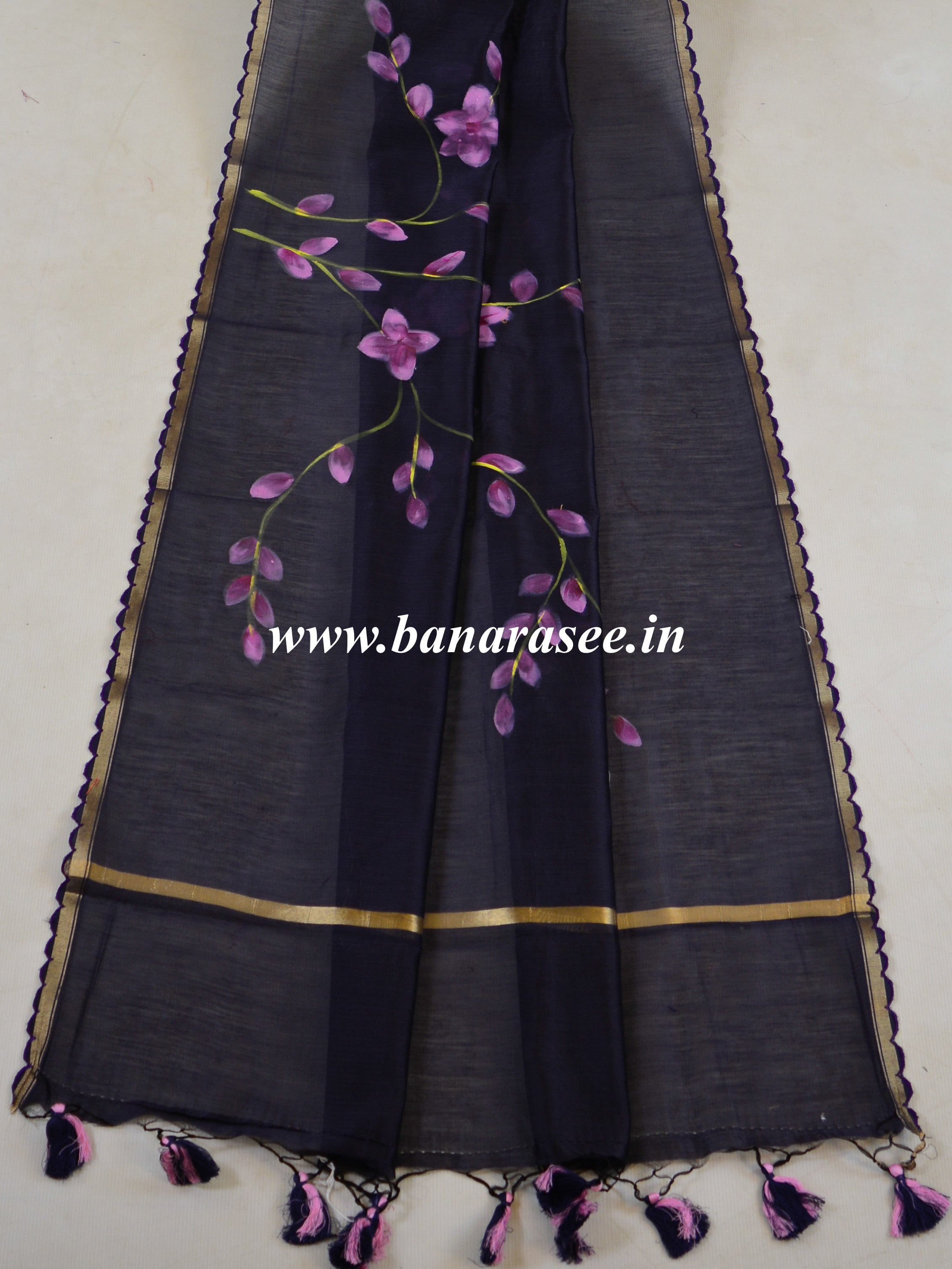 Banarasee Pure Handloom Chanderi Hand Painted Dupatta-Blue