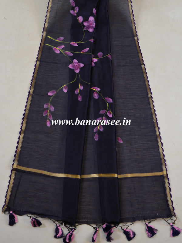 Banarasee Pure Handloom Chanderi Hand Painted Dupatta-Blue