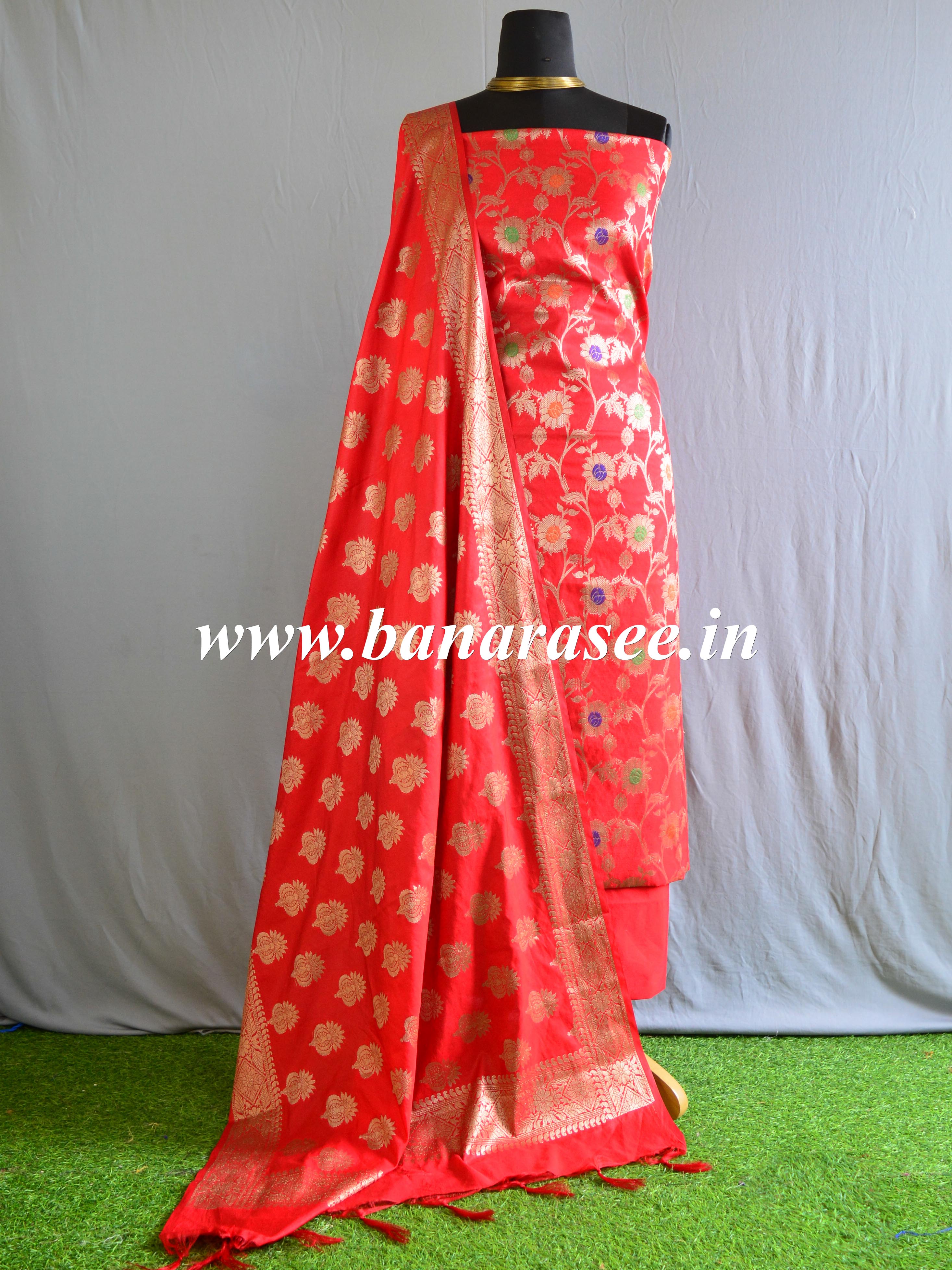 Banarasee Handwoven Semi-Silk Salwar Kameez Fabric With Zari Buta Design-Red
