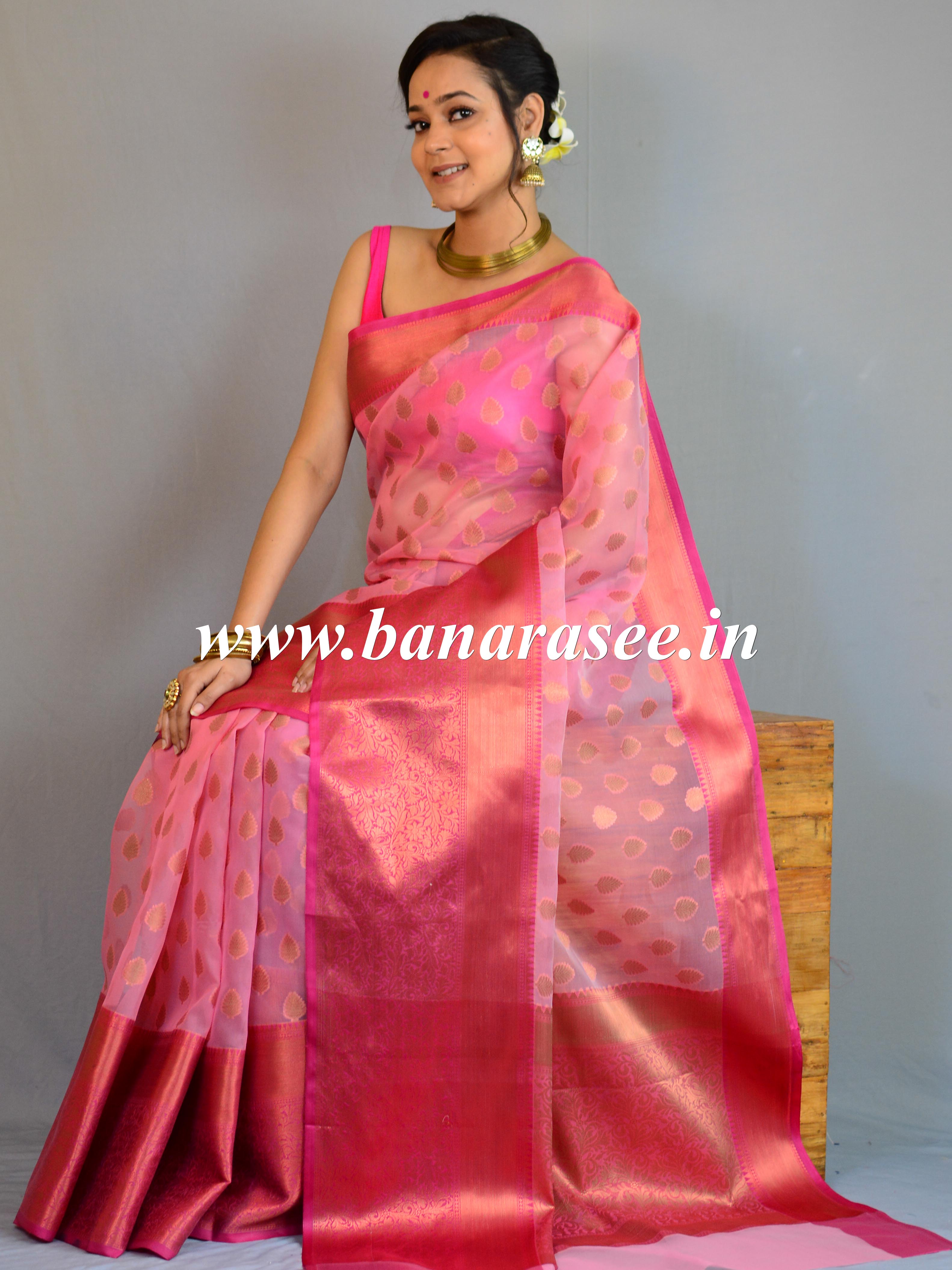 Banarasee Organza Mix Saree With Copper Zari Buti & Border-Pink