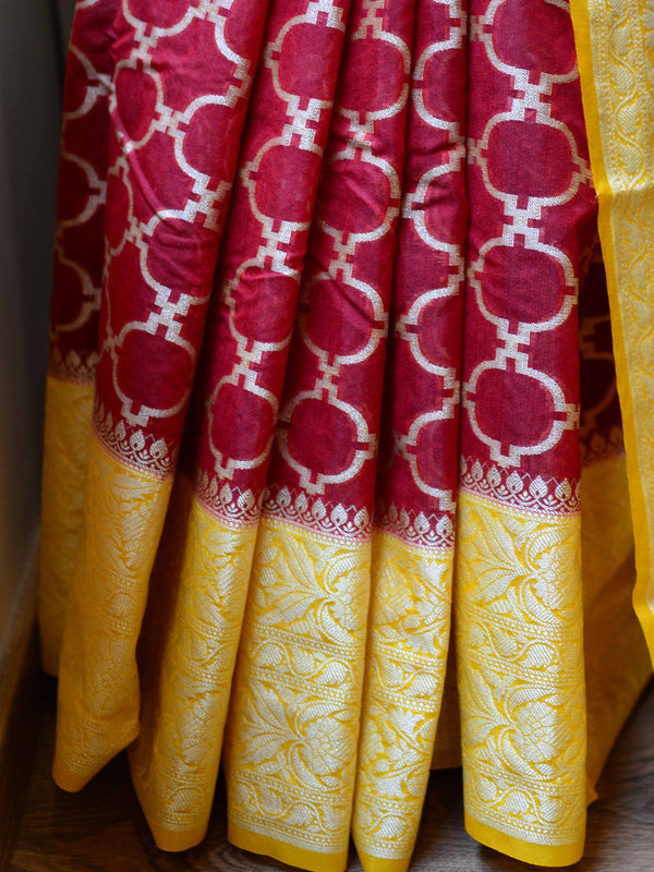 Banarasee Handwoven Semi-Chiffon Saree With Zari Jaal Work & Floral Border-Red