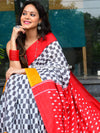 Handloom Mul Cotton Ajrakh Print Saree-White & Red