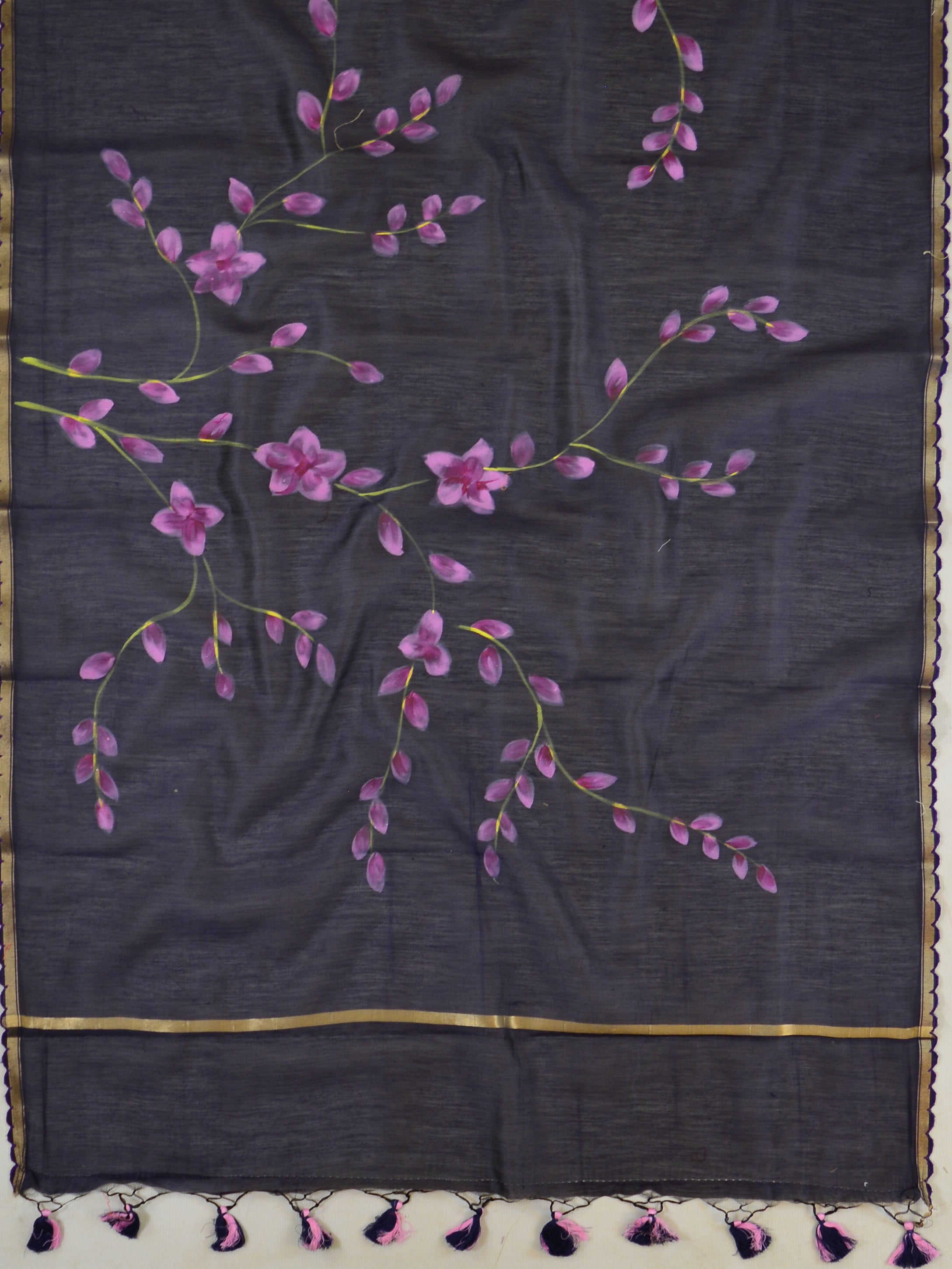 Banarasee Pure Handloom Chanderi Hand Painted Dupatta-Blue