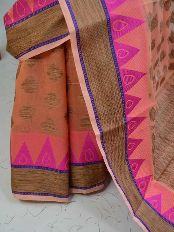 Banarasee Handloom Cotton Saree with Resham Work-Peach