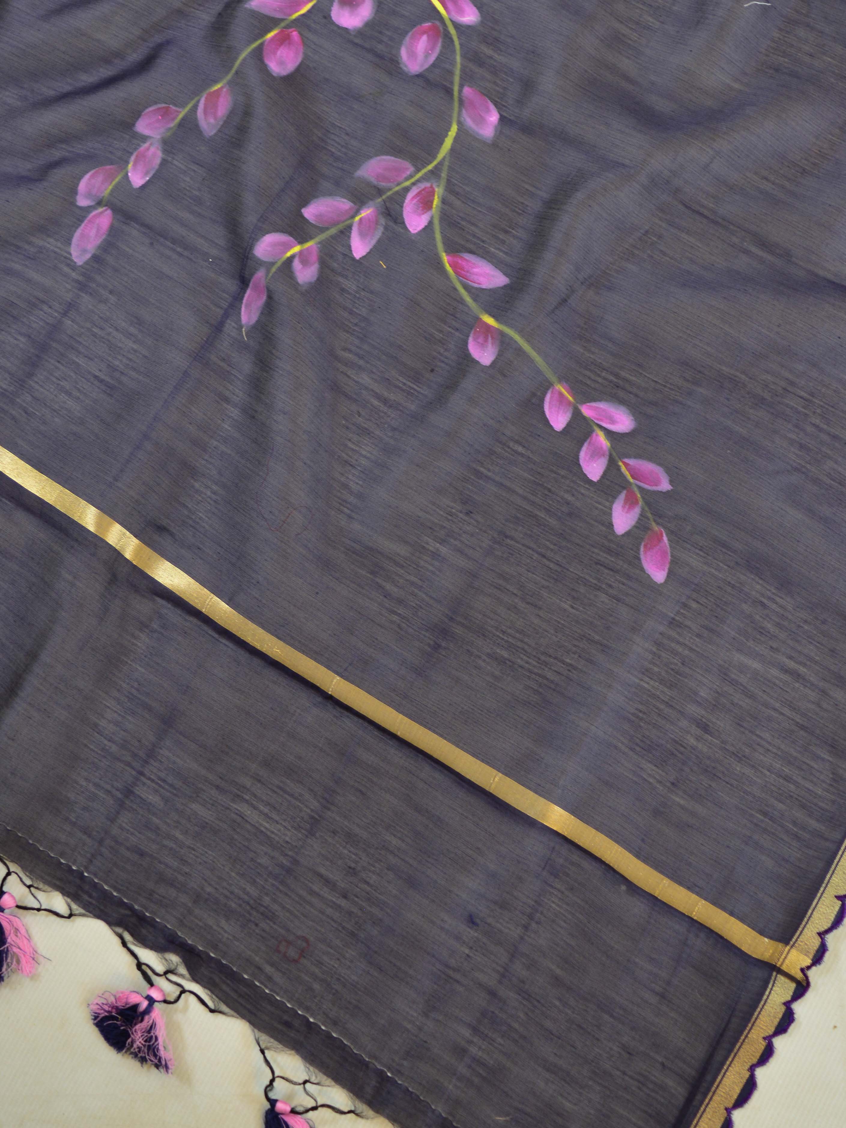 Banarasee Pure Handloom Chanderi Hand Painted Dupatta-Blue