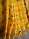 Banarasee Handwoven Semi-Chiffon Saree With Bandhej & Floral Border-Yellow